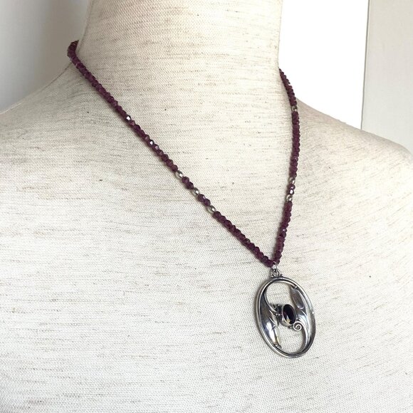 Sterling Silver 925 Beaded Oval Art Nouveau Style Garnet Pendant Necklace 18" - Picture 4 of 16